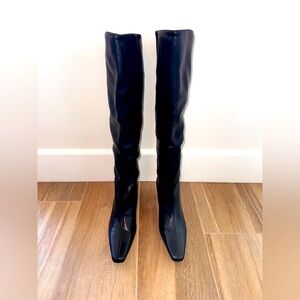 Black leather knee high kitten heel boots